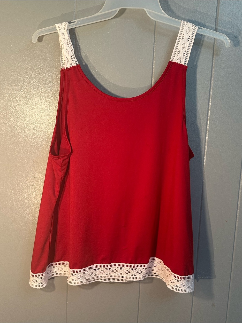 Upcycled Red Tank Top with White Crochet Trim boHo whimsical women’s size 3 XL